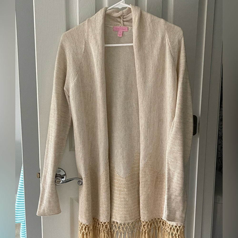 Lilly Pulitzer long fringe hem cardigan sweater cream/gold